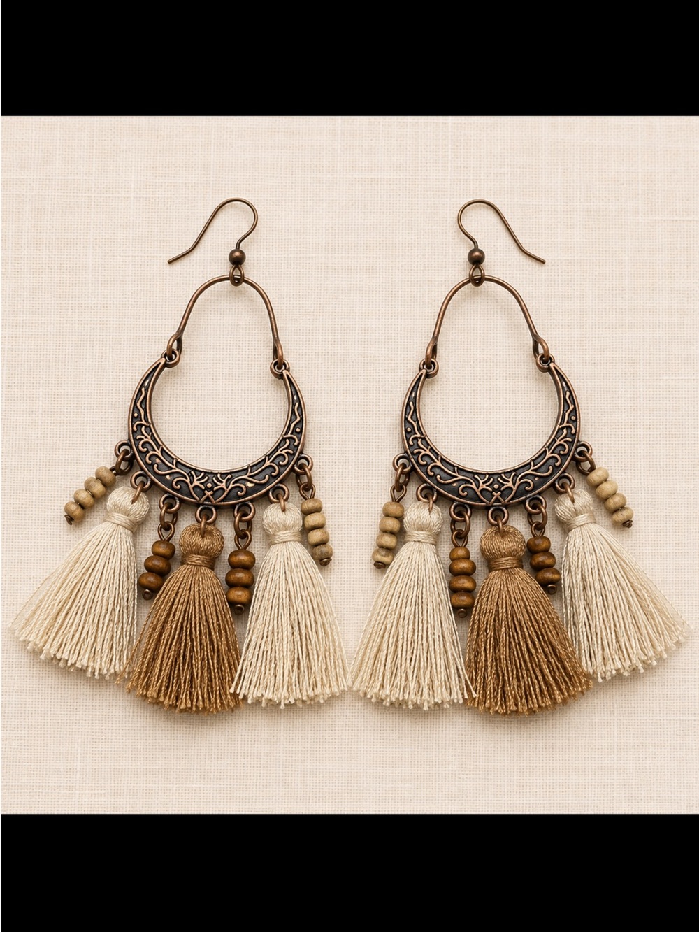 Bohemian Tassel Drop Earrings - Beige & Brown
